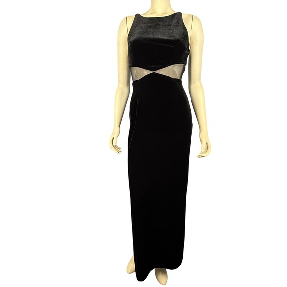 Y2K Betsy & Adam Size 7/8 Black Velvet Mesh Cutout Maxi Dress Goth Grunge Formal - Picture 1 of 10